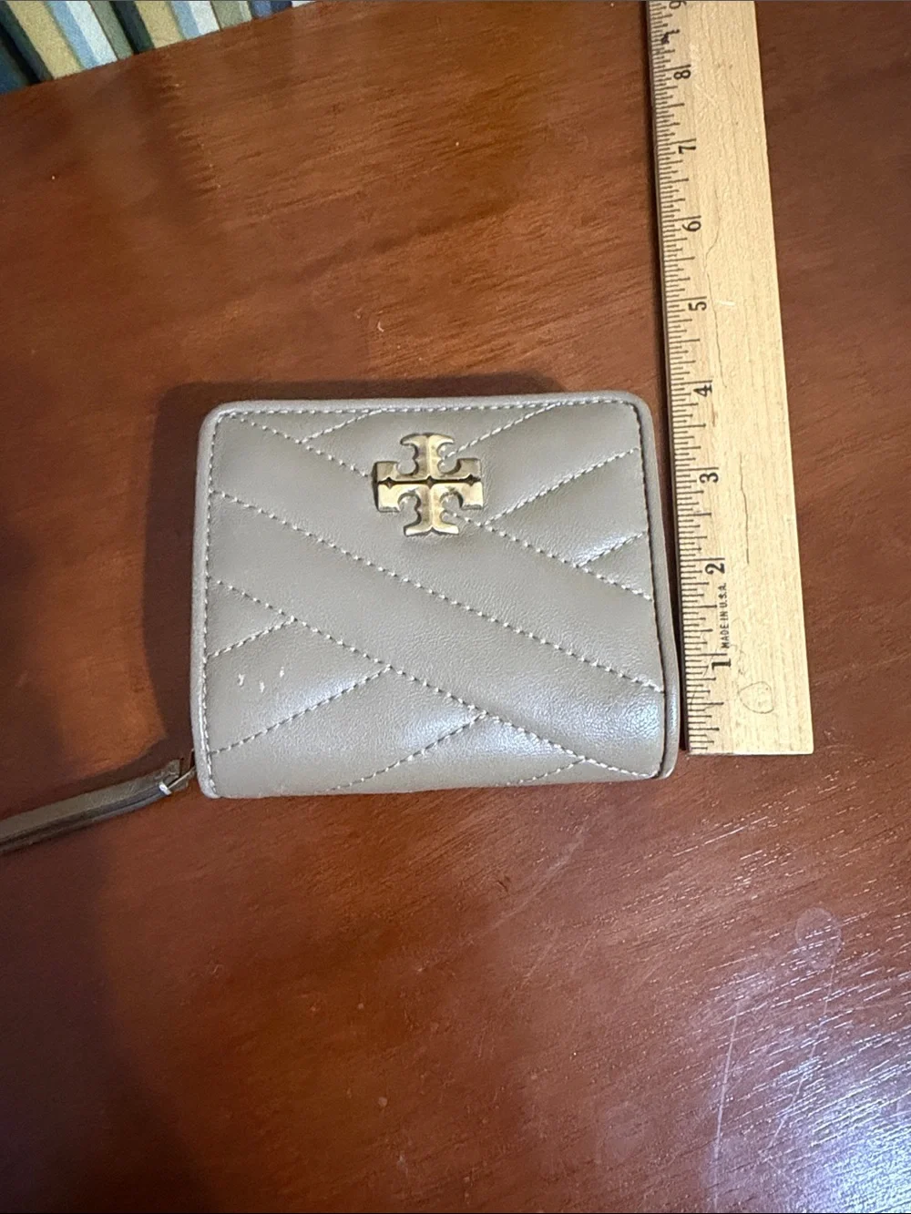 Tory Burch Quilted Zip Wallet in Taupe with Gold Logo